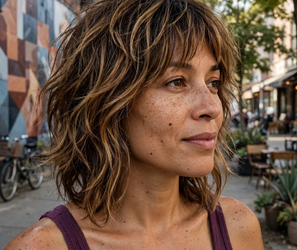 Woman with dimensional brunette foils in a textured brown shag cut on an art district street