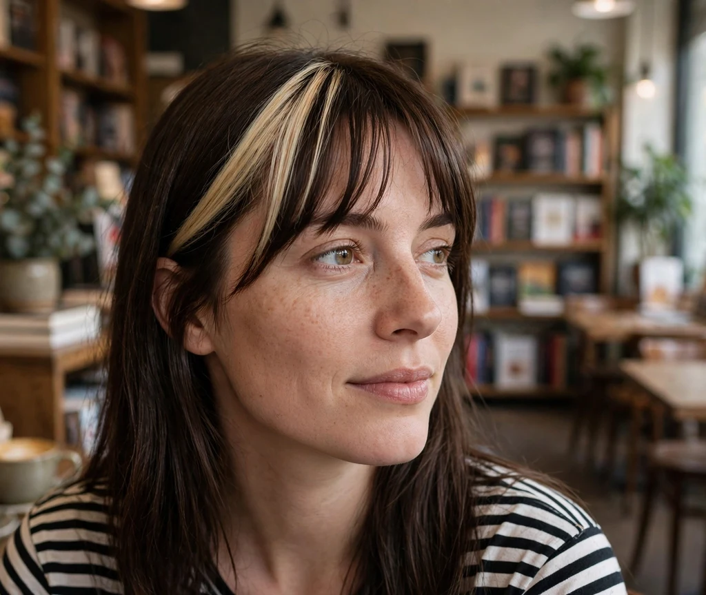 Woman with a bright champagne money piece on dark brown hair with curtain bangs at a bookstore cafe