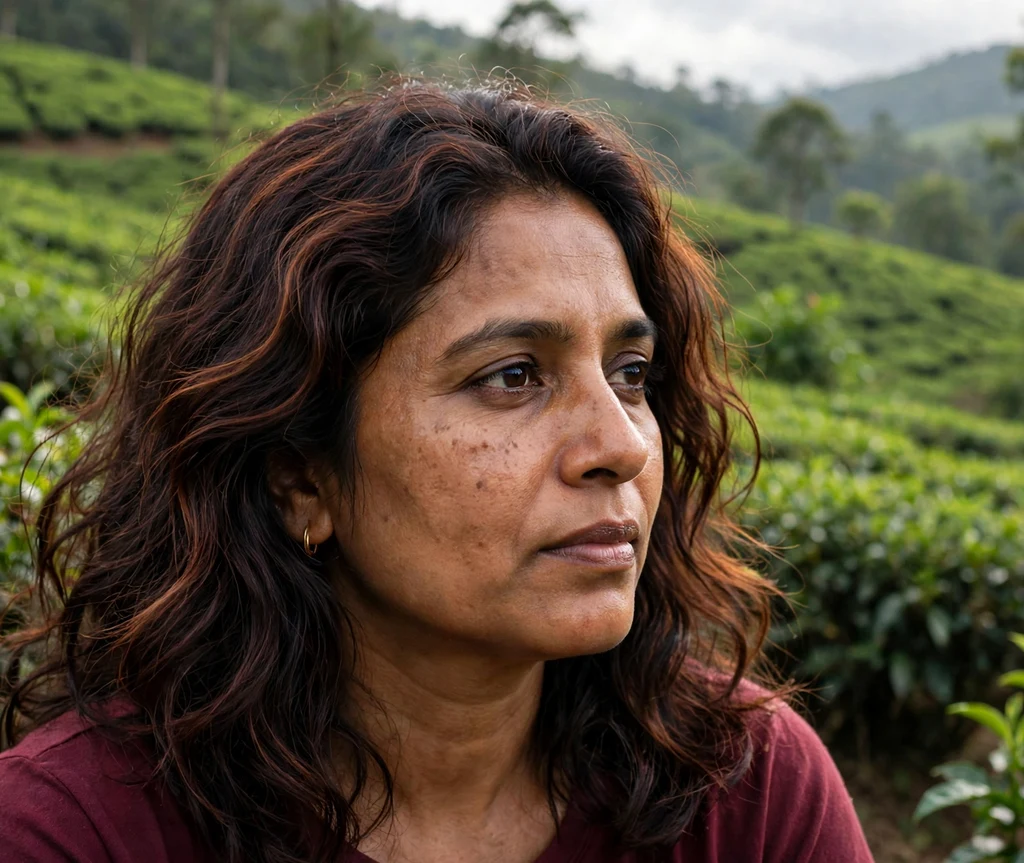 Woman with auburn brown highlights in deep brown wavy hair at a tea garden