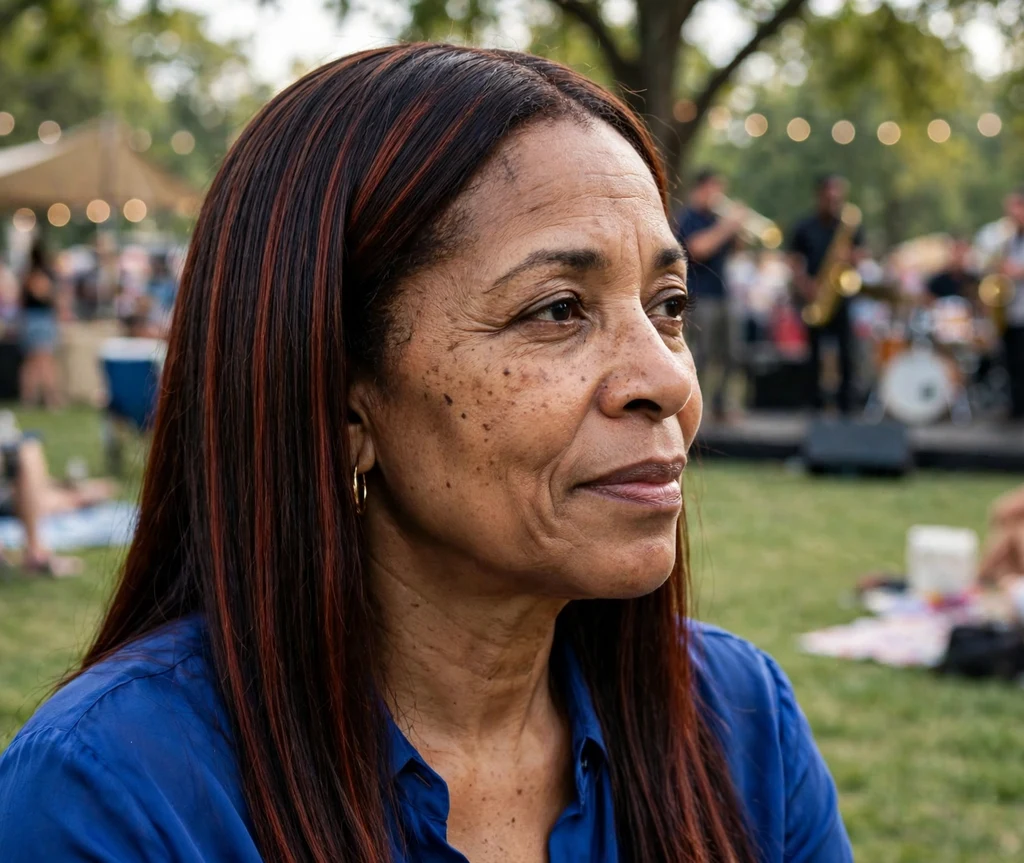 Woman with rich mahogany highlights in silk-pressed dark brown hair at a jazz festival