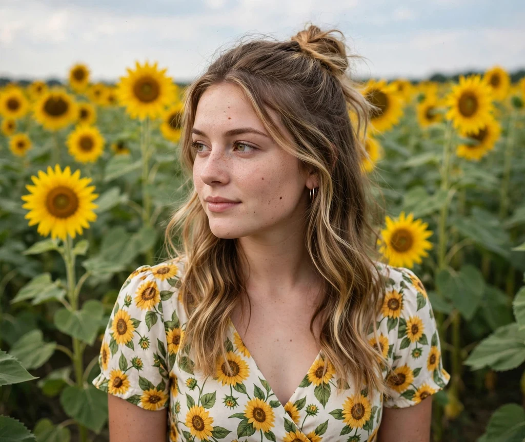 Woman with golden wheat highlights in a light brown half-up style in a sunflower field