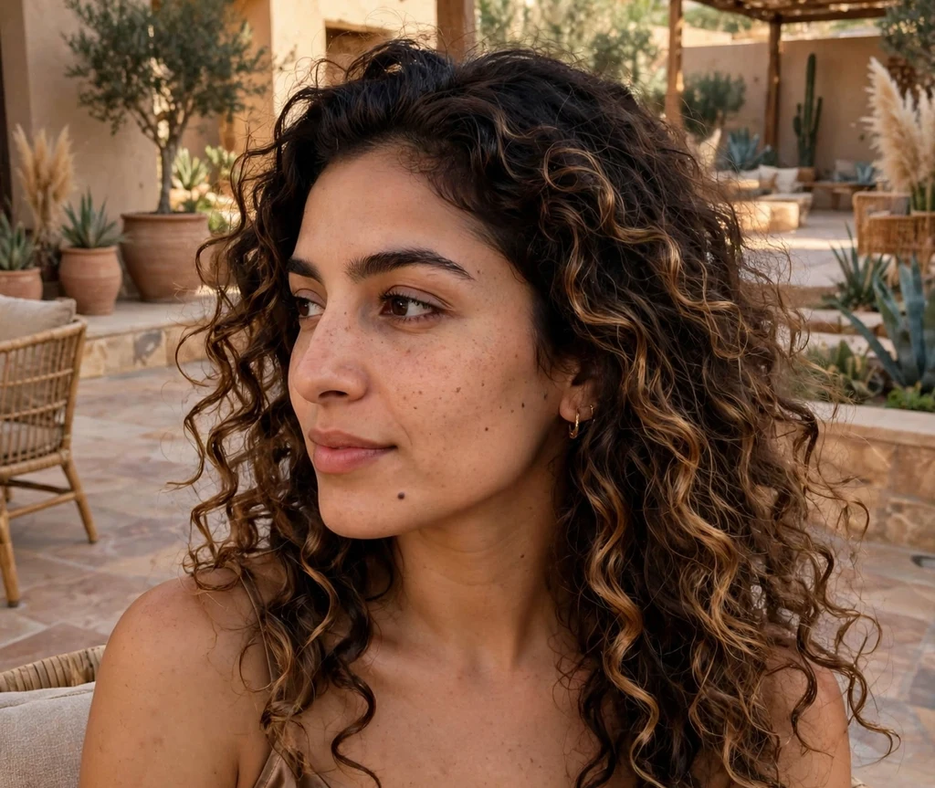 Woman with bronzed summer balayage in voluminous dark brown curls at a desert resort
