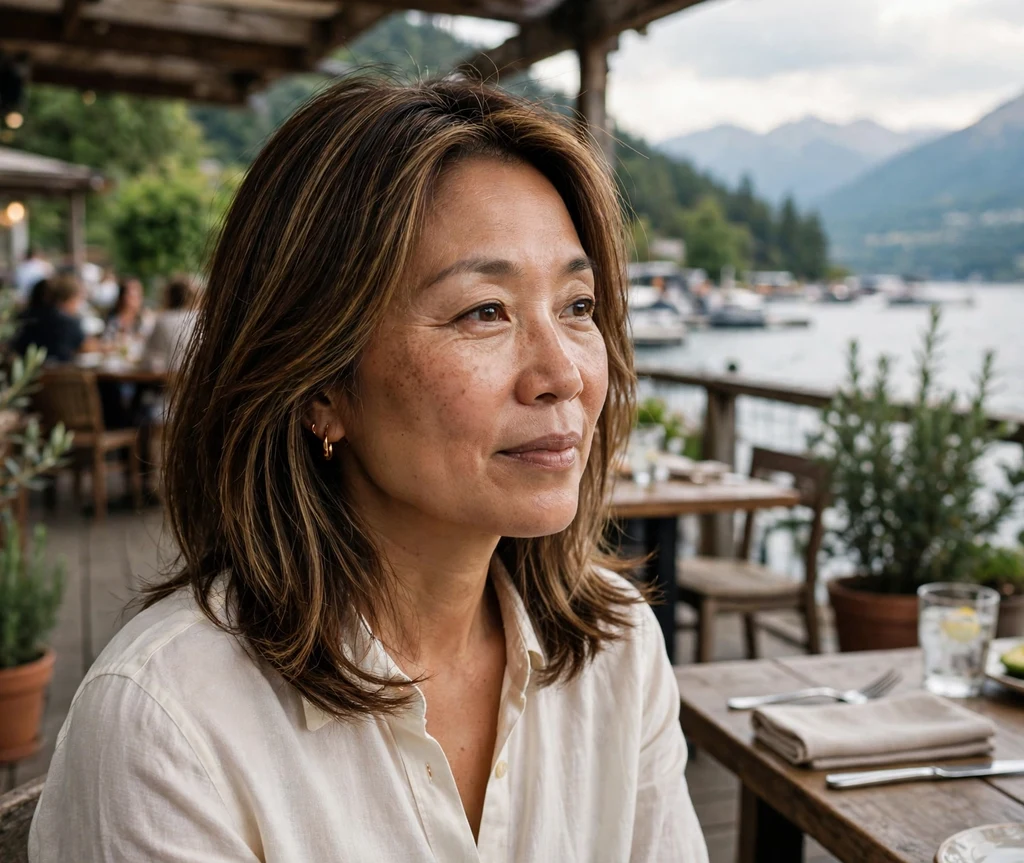 Woman with melted root highlights in a smooth medium brown layered cut on a lakeside deck