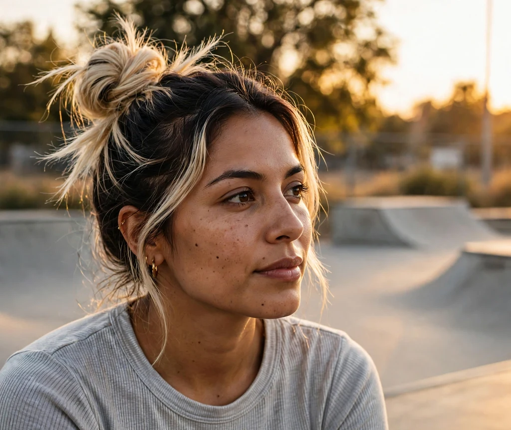 Woman with icy blonde tips on dark brown hair in a high messy bun at a skate park