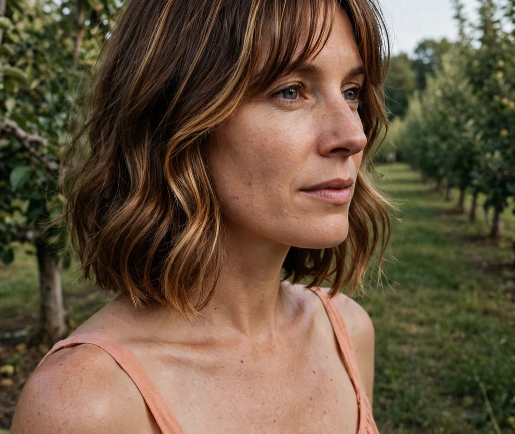 Woman with caramel curtain highlights framing her face in a wavy brown bob in an orchard