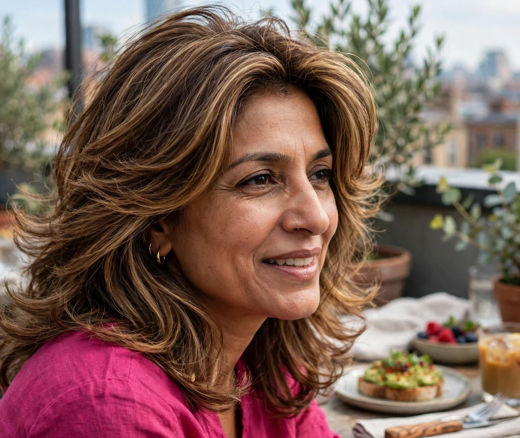 Woman with multi-tonal caramel honey and toffee highlights in a brown layered blowout on a rooftop