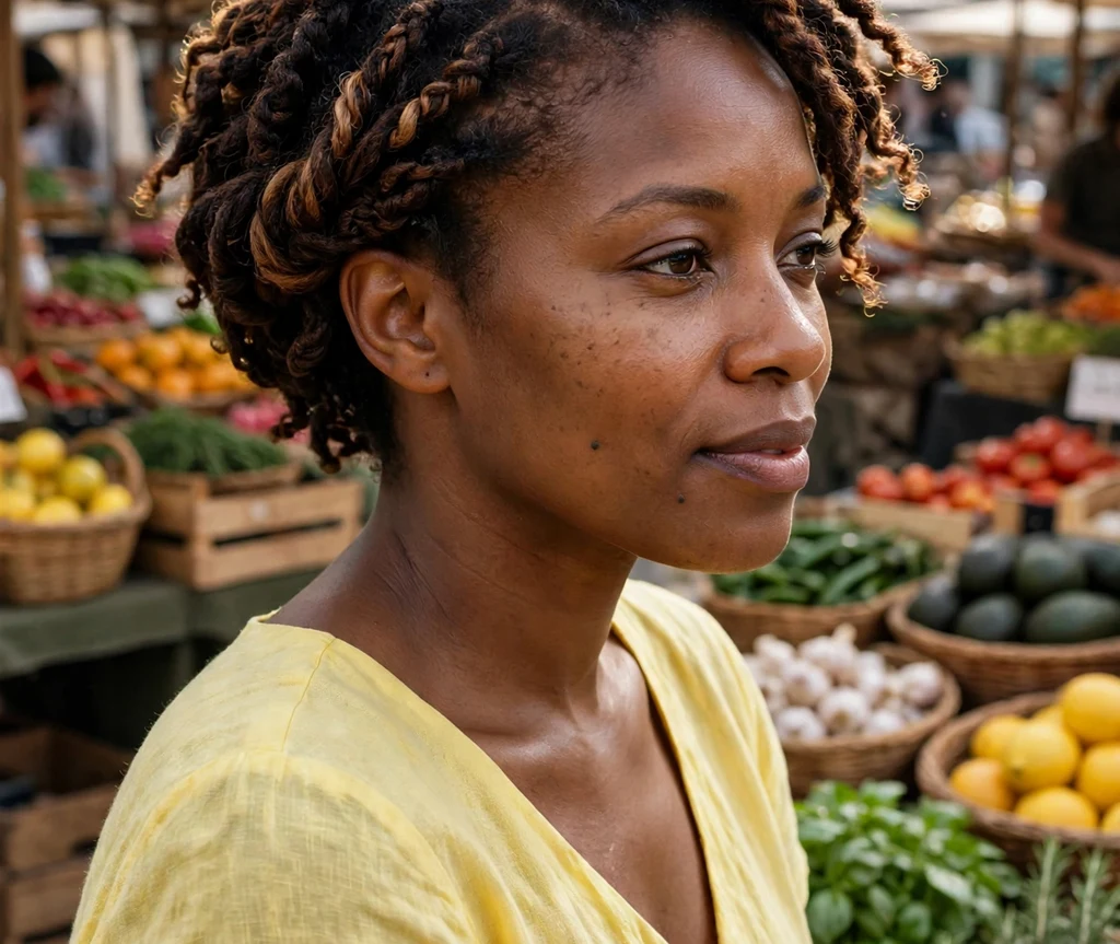Woman with light cocoa highlights in espresso brown twist-out hair at an outdoor market