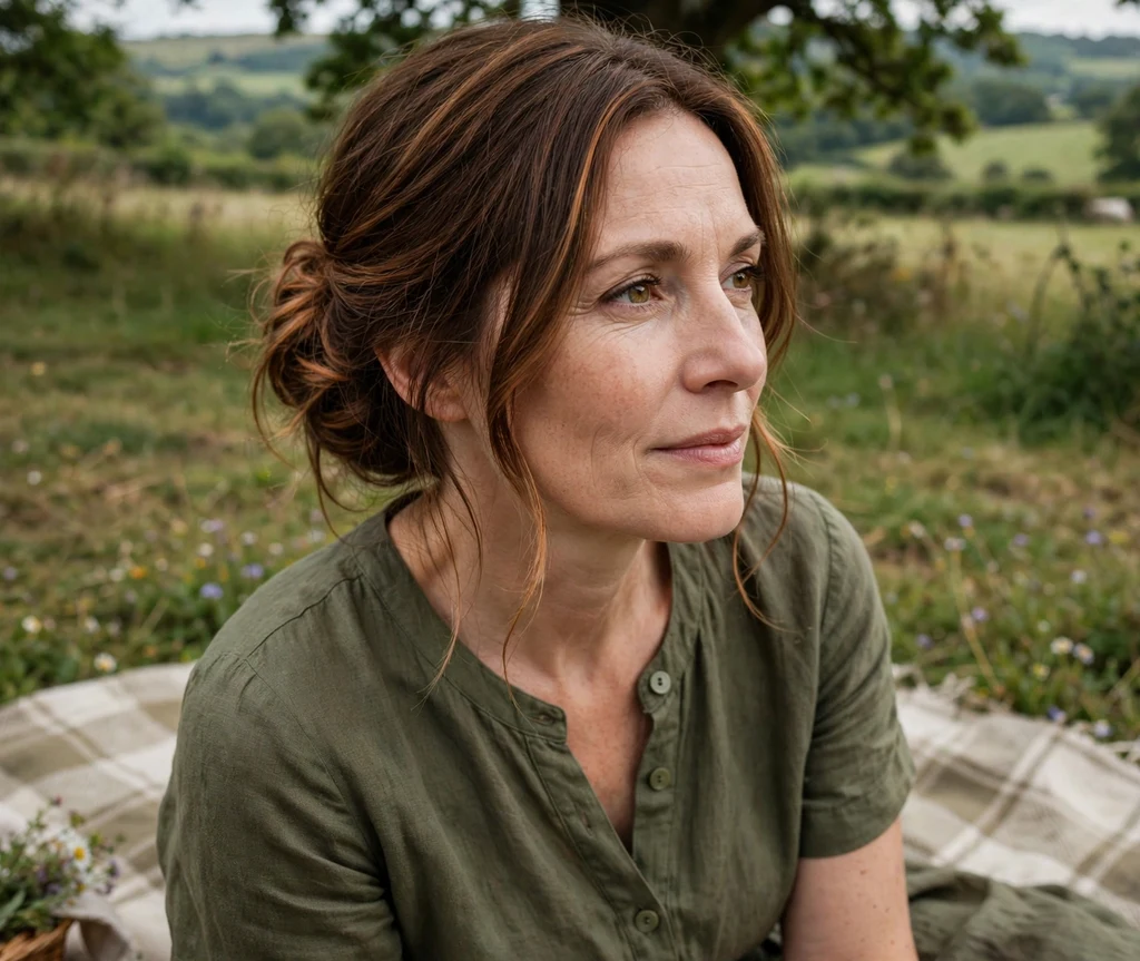Woman with copper penny highlights in a medium brown loose chignon at a countryside picnic