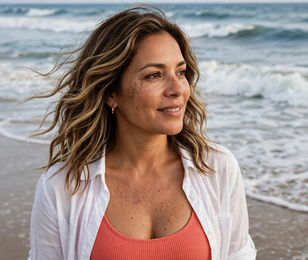 Woman with sandy blonde balayage in medium brown beach waves at the shoreline
