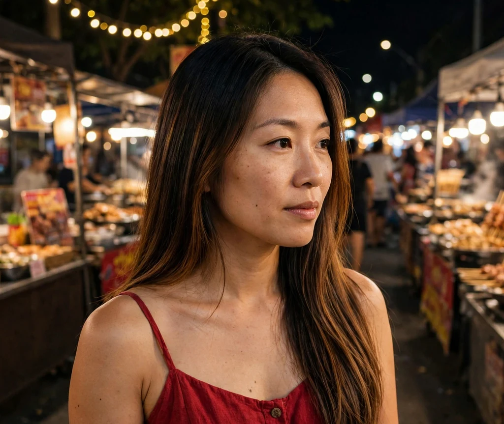 Woman with dark roots melting into caramel lengths in long sleek hair at a night market