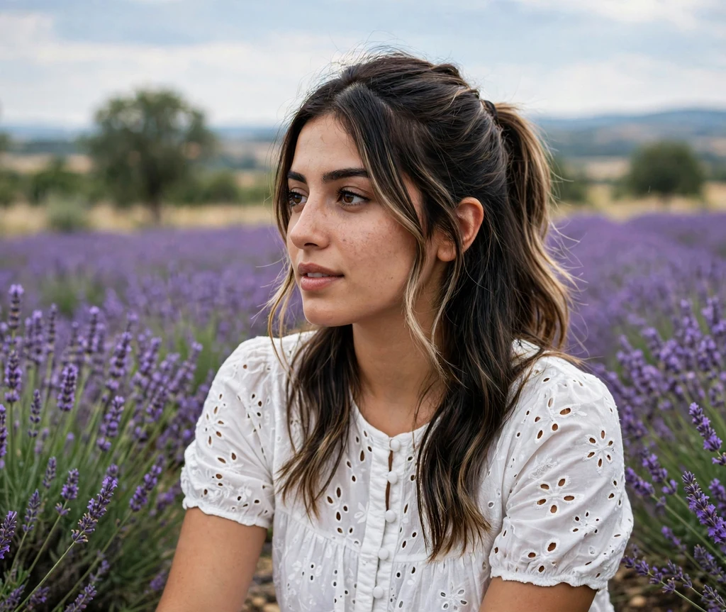 Woman with fine face-framing foils in a dark brown half-up ponytail in a lavender field