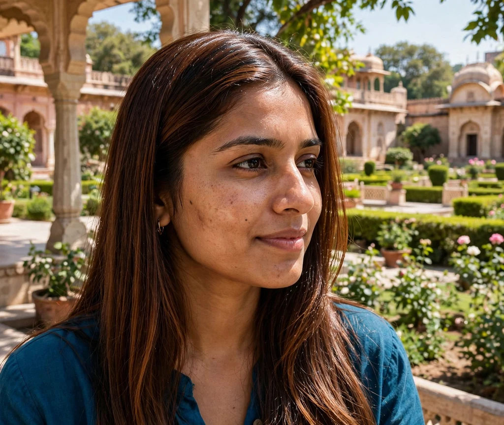 Woman with glossy chestnut shine highlights in straight chestnut brown glass hair in a palace garden