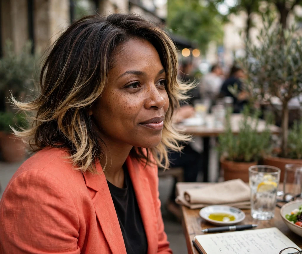Woman with blonde tipped layers in dark brown hair at an outdoor business lunch