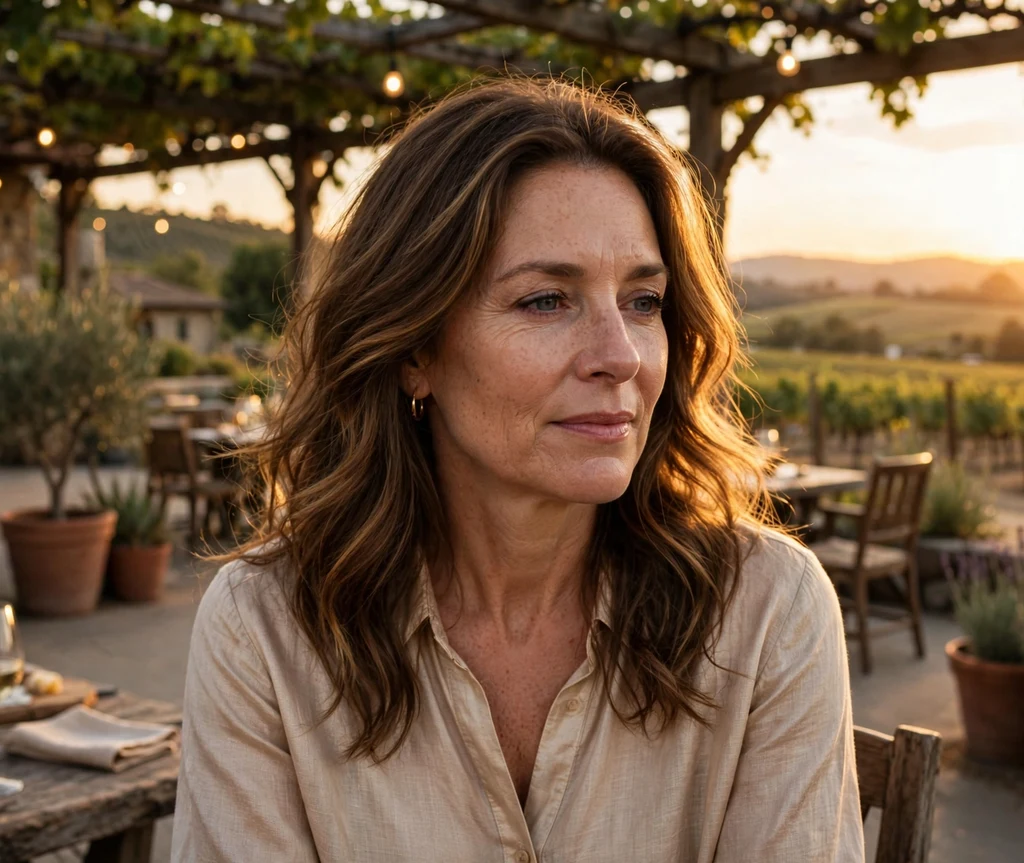 Woman with golden brunette glow highlights in soft medium brown waves at a winery patio