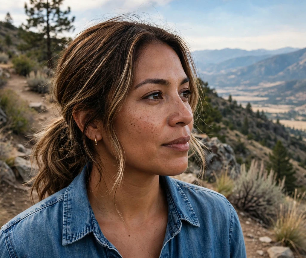 Woman with soft peanut butter highlights in a medium brown low ponytail on a hiking trail