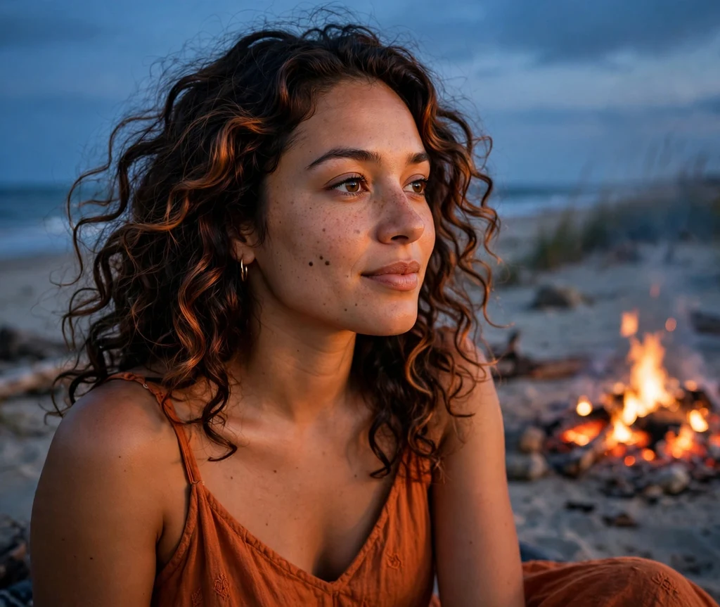 Woman with sunset warm brown and copper highlights in beach curls at a beach bonfire