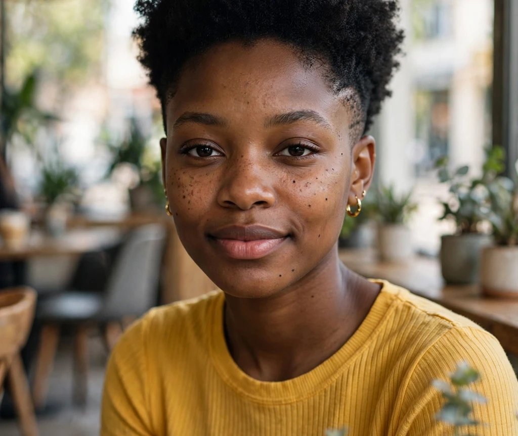 Young Black woman with a low taper afro, sides blended just above the ears