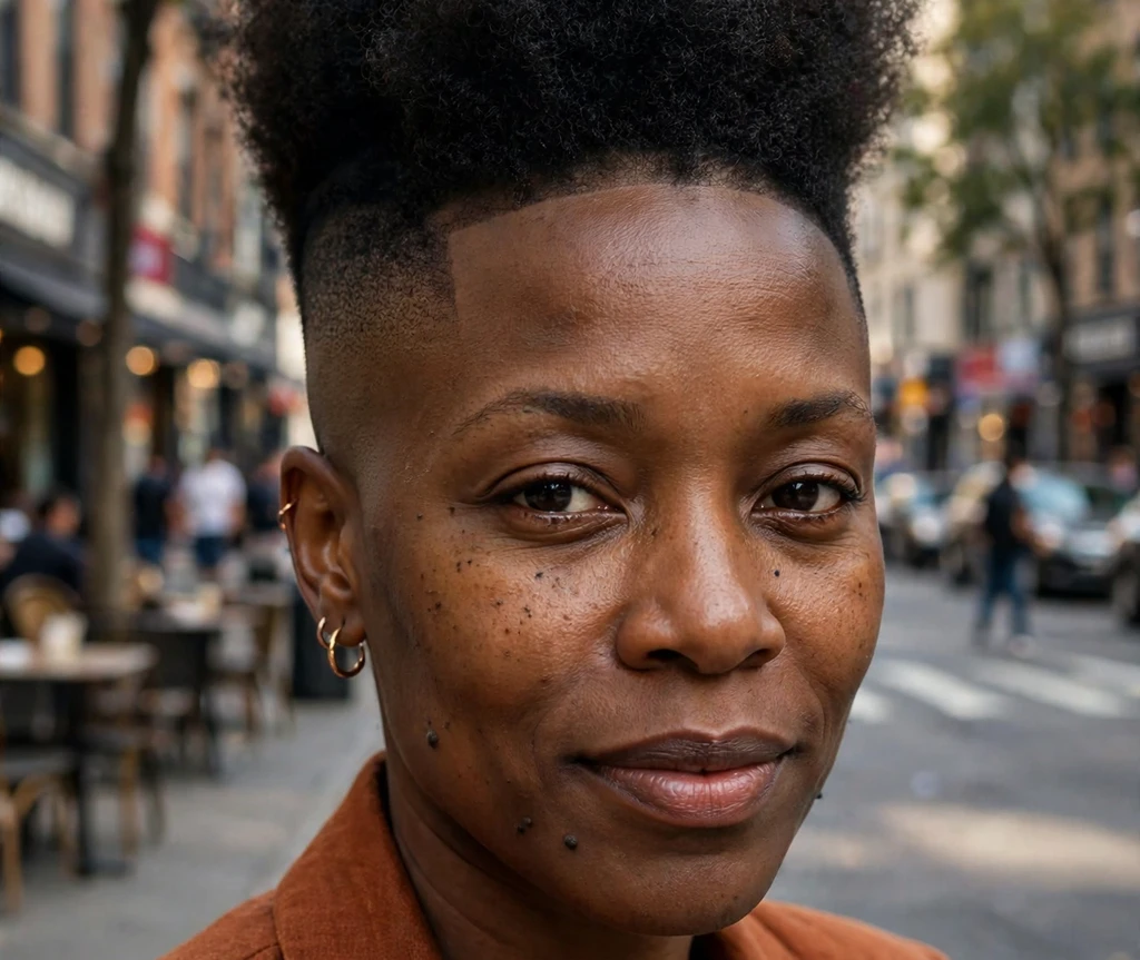 Black woman with a high taper afro, fade rising high above the temples