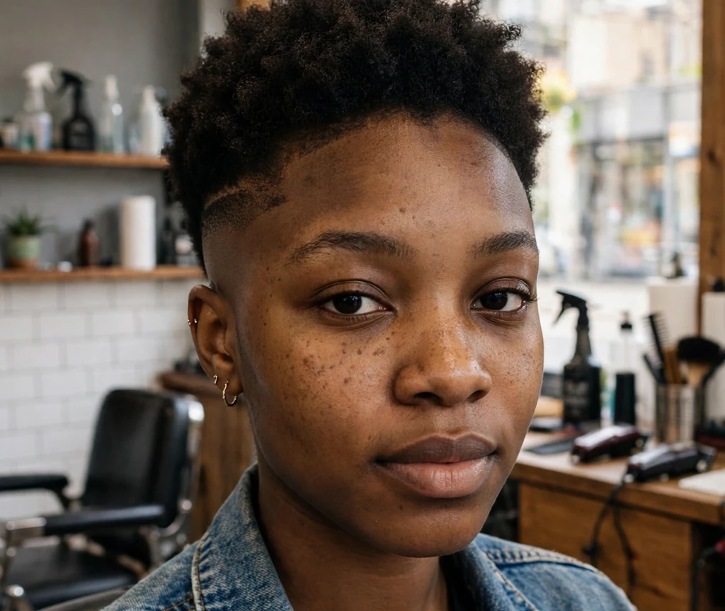 Young Black woman with a skin fade TWA, teeny weeny afro with bald fade sides