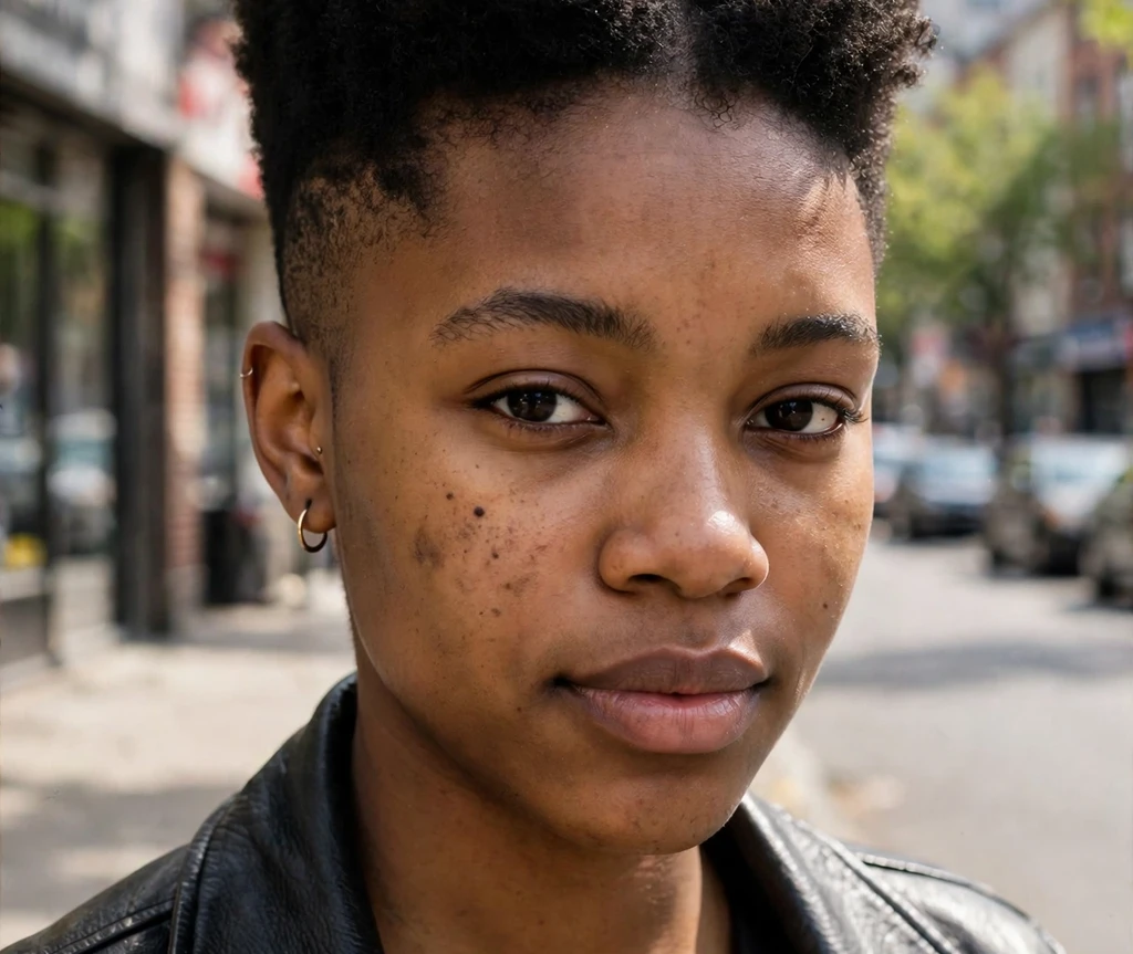 Young Black woman with a tapered frohawk, a bold strip of afro down the center