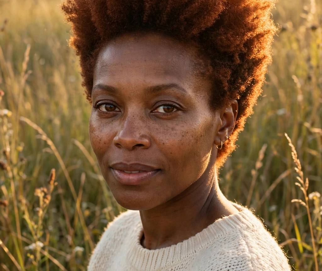Black woman with a copper-colored tapered afro glowing in natural light
