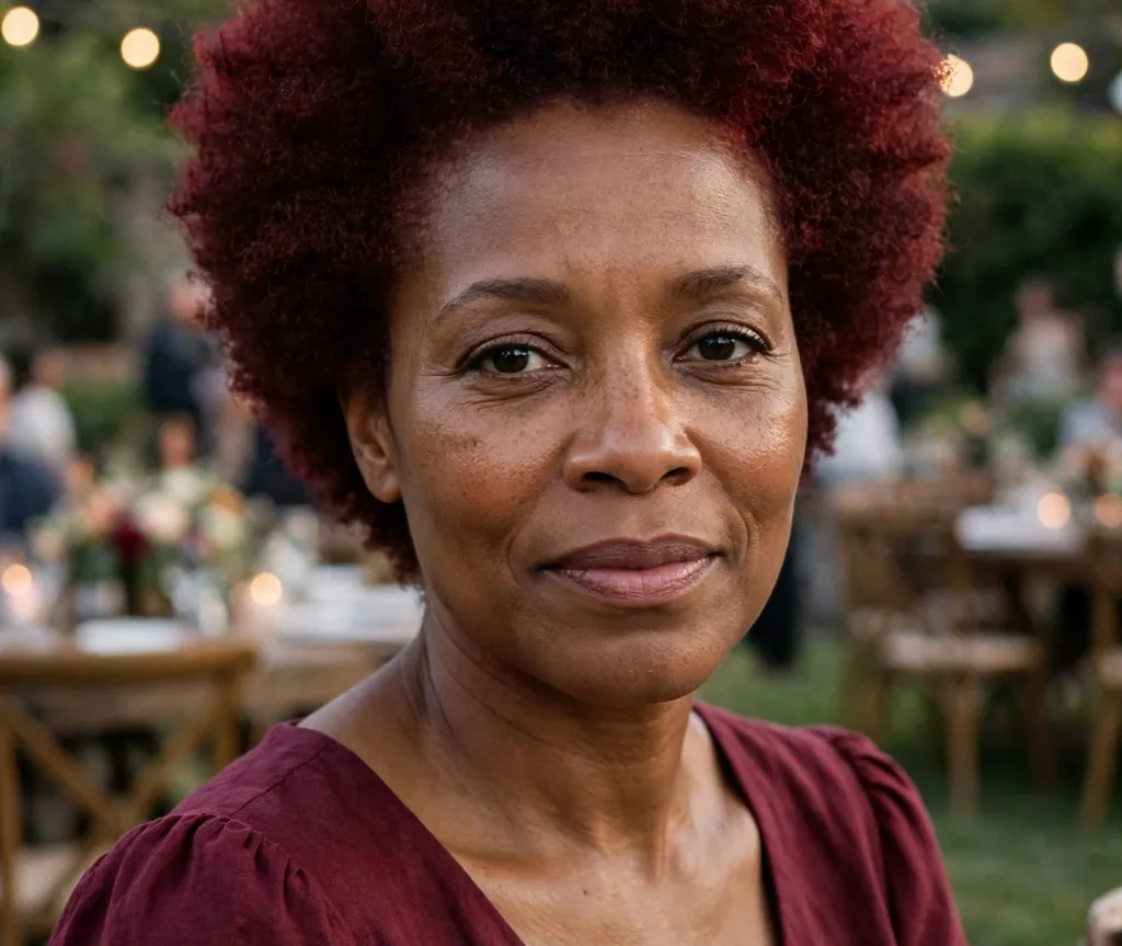 Black woman with a burgundy tapered afro, deep red-wine natural texture