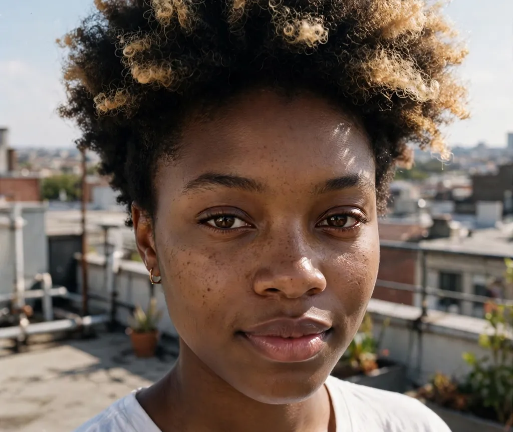 Young Black woman with a tapered afro featuring blonde-tipped ends