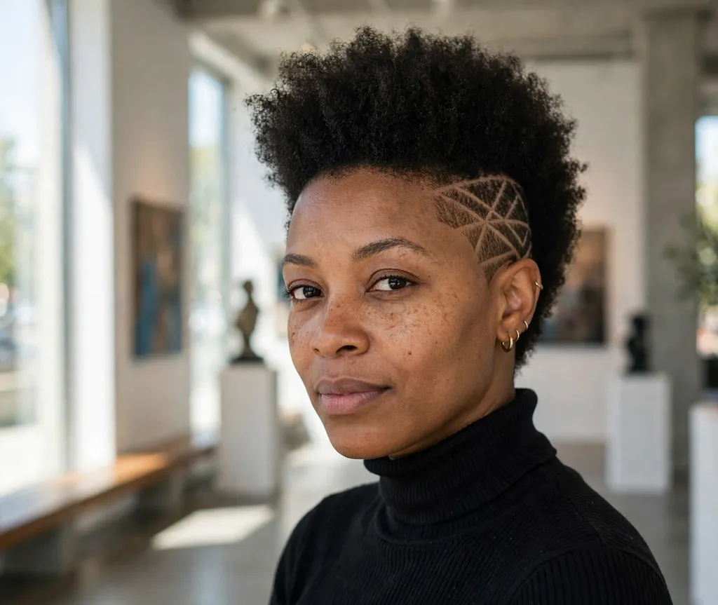 Black woman with a tapered afro and a shaved geometric design on the side