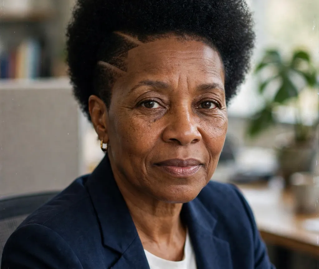 Mature Black woman with a tapered afro featuring a sharp hard part line