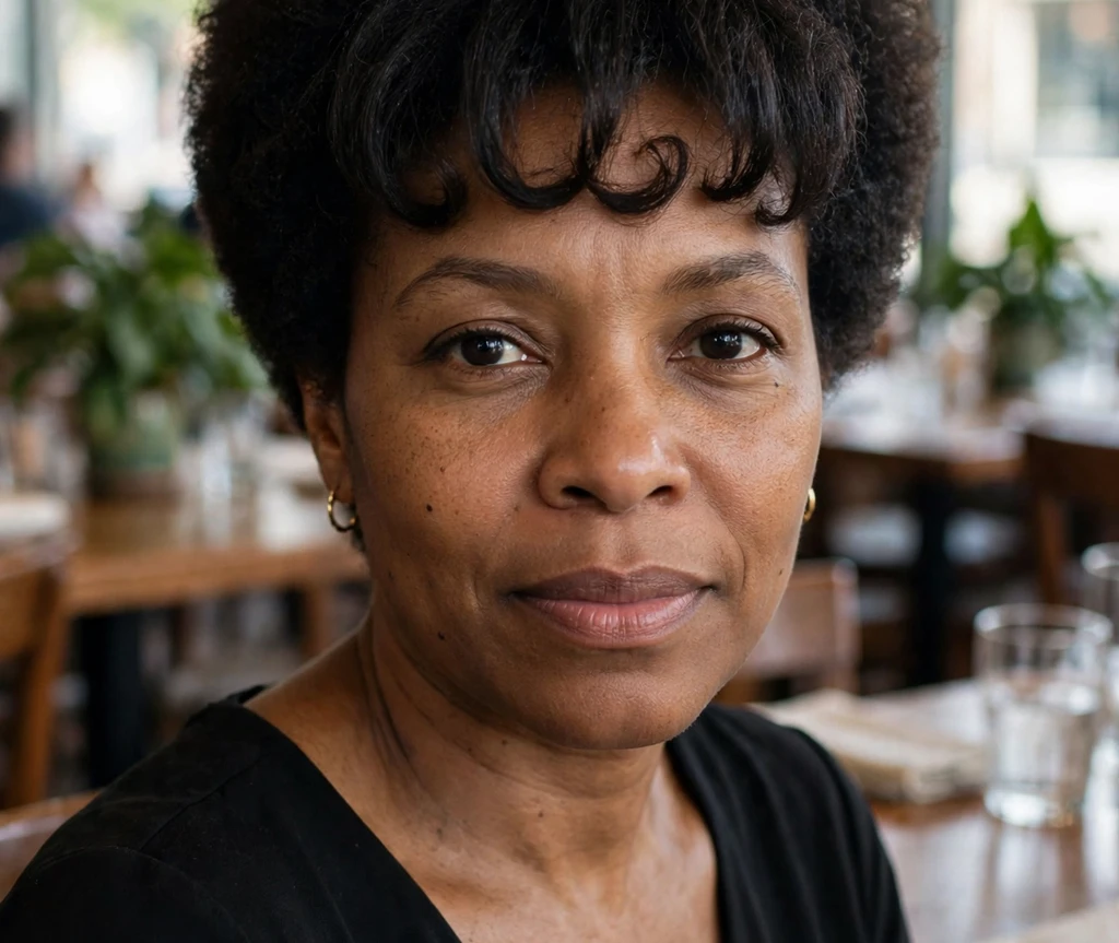 Black woman with a tapered afro and soft curly bangs framing the forehead