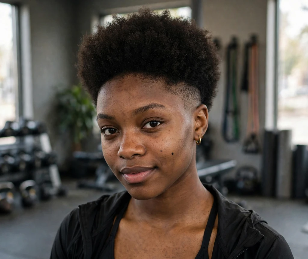 Young Black woman with a tapered afro and a cleanly faded nape