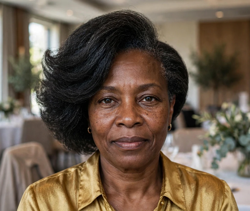 Mature Black woman with a side-swept tapered afro, crown swept to one side