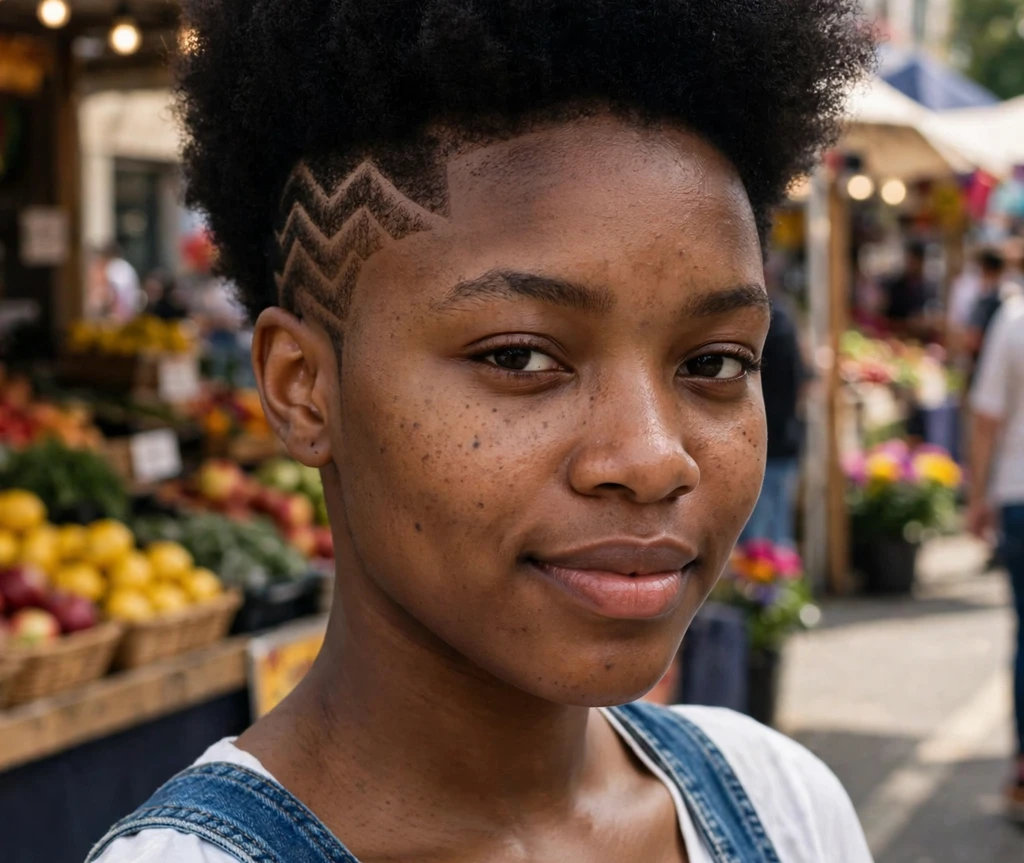 Young Black woman with a tapered afro and a zigzag shaved design on the fade