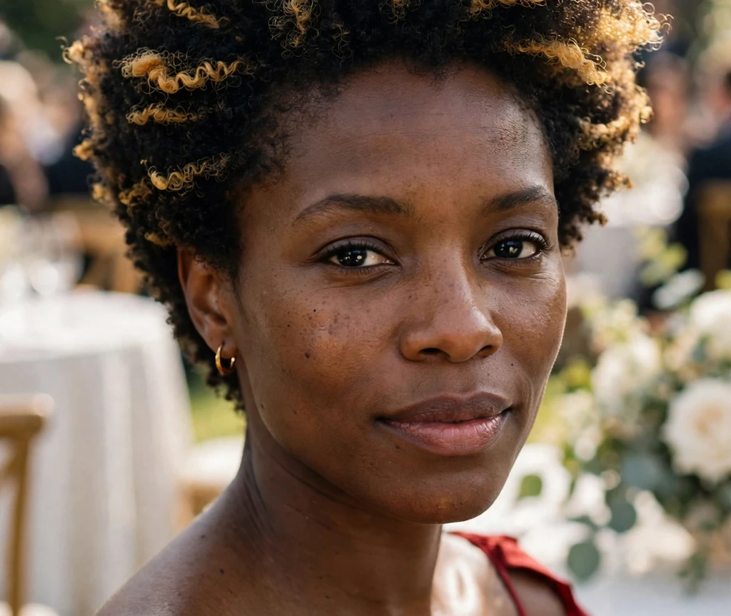 Black woman with a tapered afro featuring golden blonde highlights