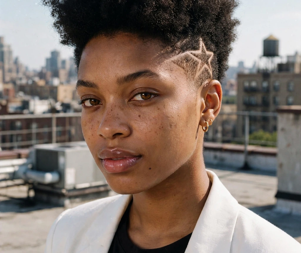 Young Black woman with a tapered afro and a carved star design on the tapered side