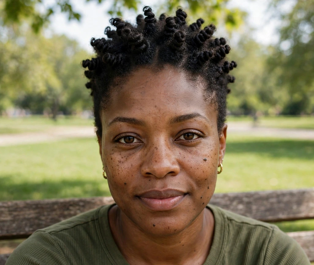 Black woman with a tapered afro styled in neat finger coils on top