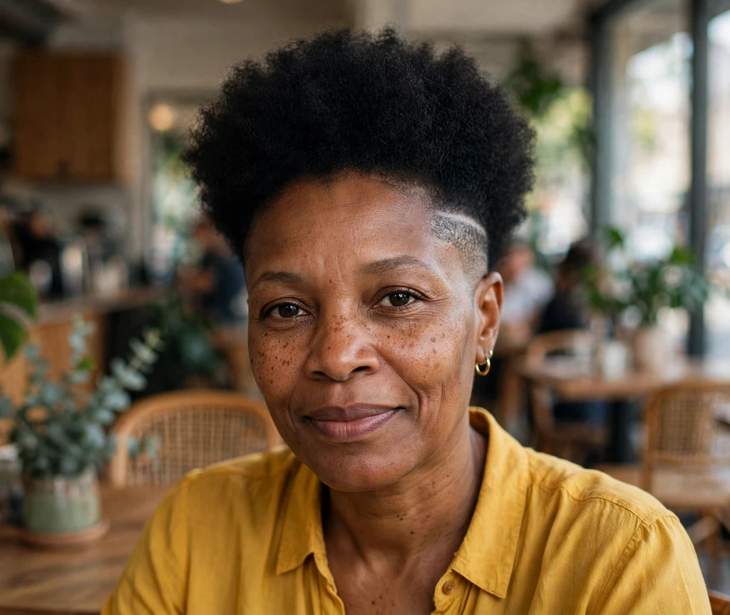 Black woman with a tapered afro and a precisely faded temple area