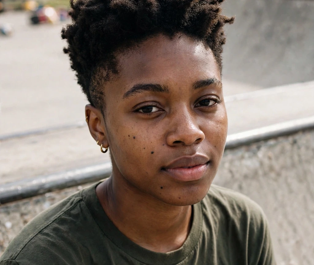 Young Black woman with a tapered afro styled in sponge twists on the crown