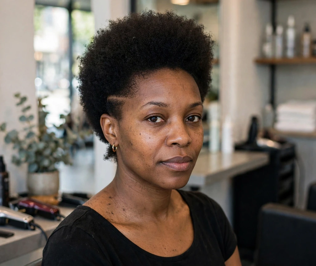 Black woman with a tapered afro and a hidden undercut at the nape