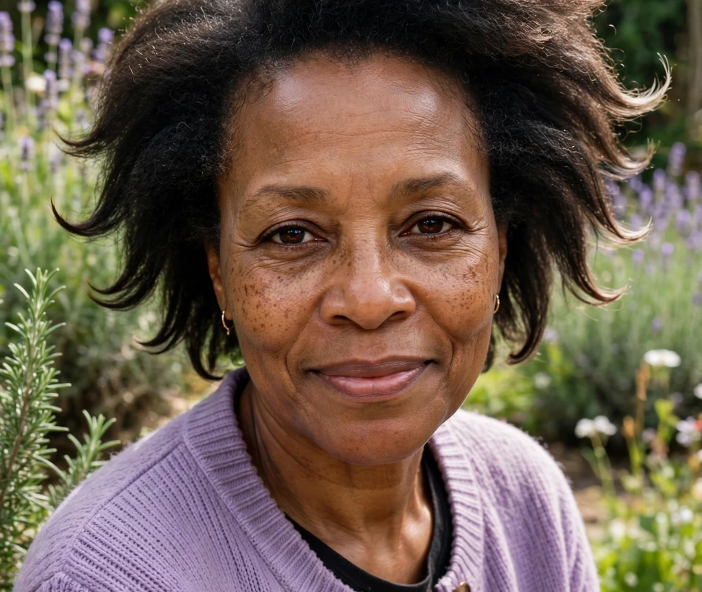 Mature Black woman with a tapered afro featuring soft feathered ends