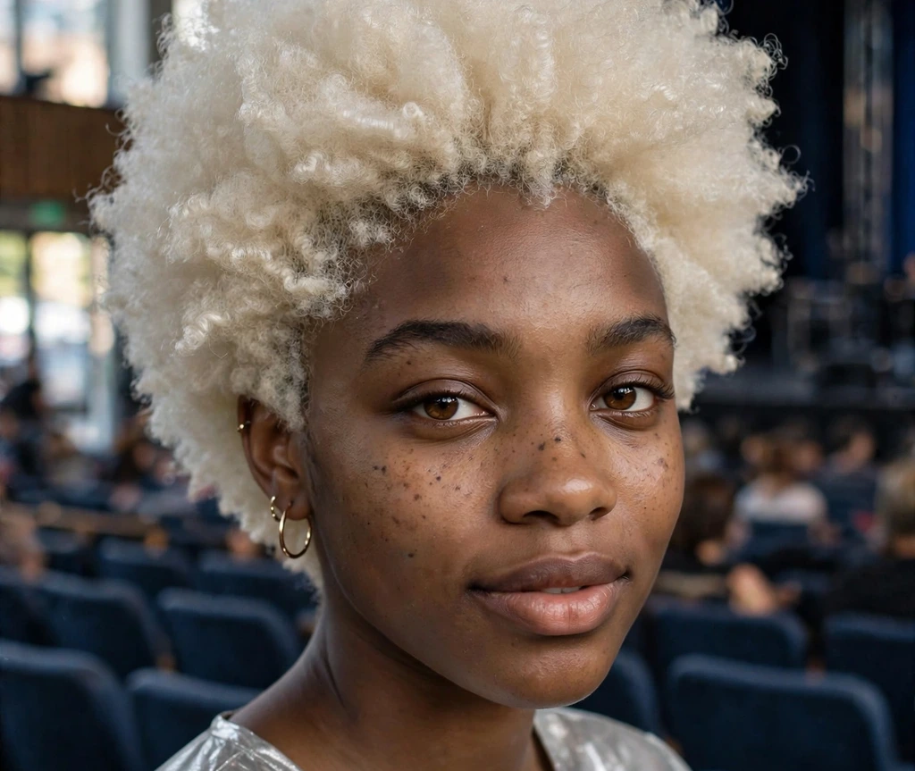 Young Black woman with a platinum-blonde tapered afro, icy blonde natural texture