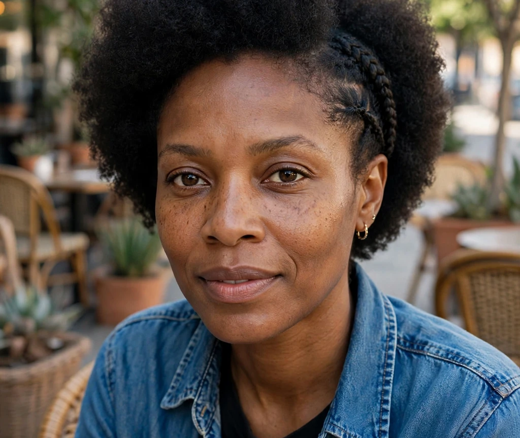 Black woman with a tapered afro accented by a small braid detail along the side