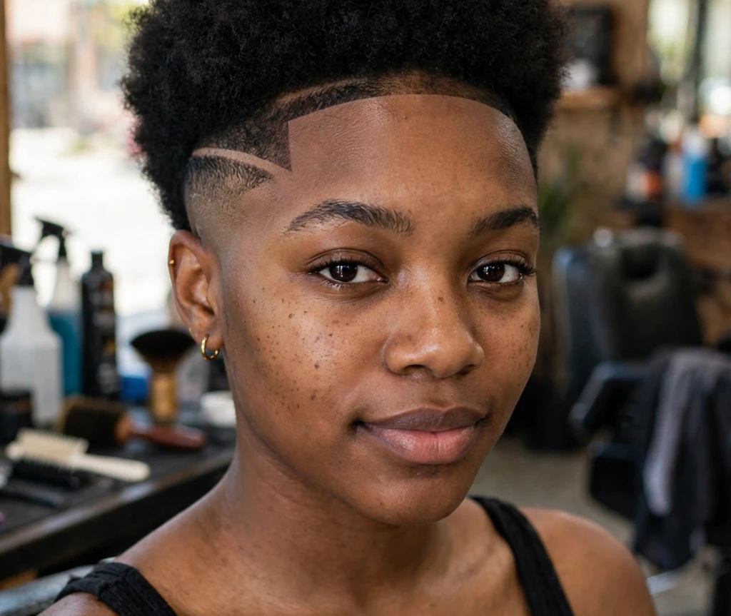 Young Black woman with a tapered afro, sharp fade and precise lineup