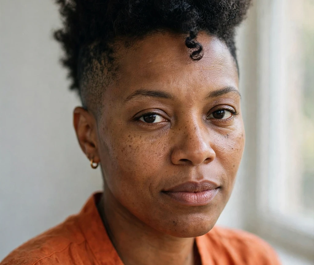 Black woman with a curly mohawk tapered afro, bold center strip of curls