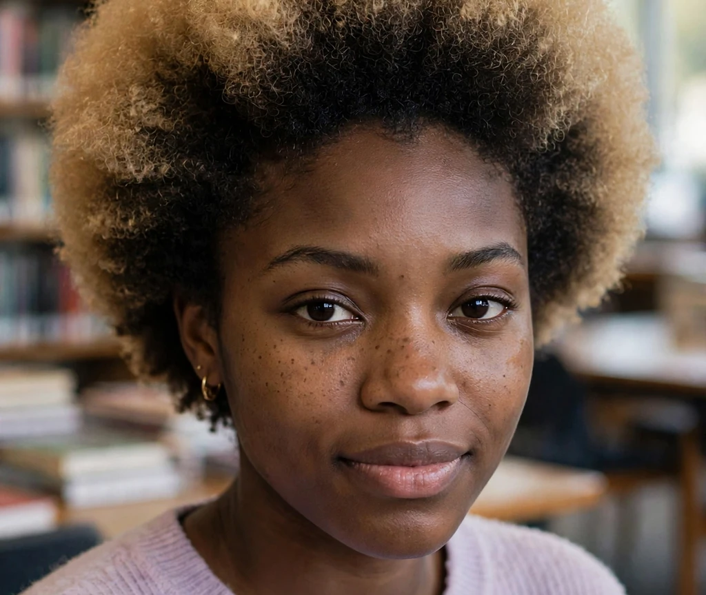 Young Black woman with a two-tone tapered afro, dark roots and lighter crown