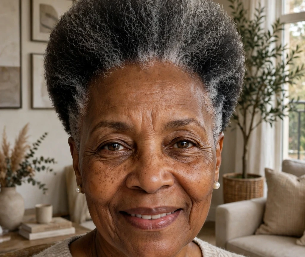 Mature Black woman with silver-streaked tapered afro and a clean temple taper