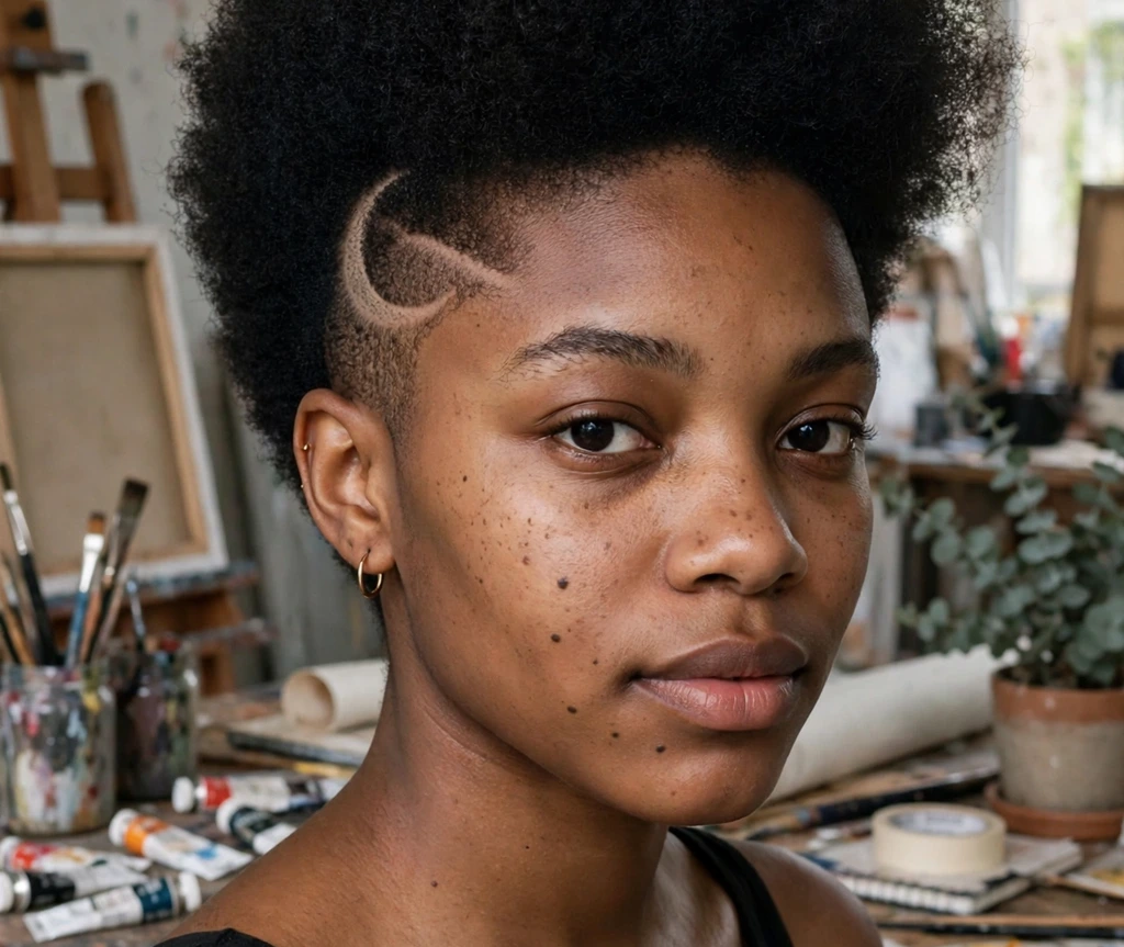 Young Black woman with a tapered afro and a shaved crescent moon design on the side