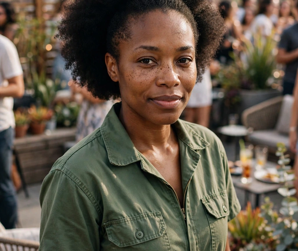 Black woman with a tapered afro featuring a voluminous back taper silhouette