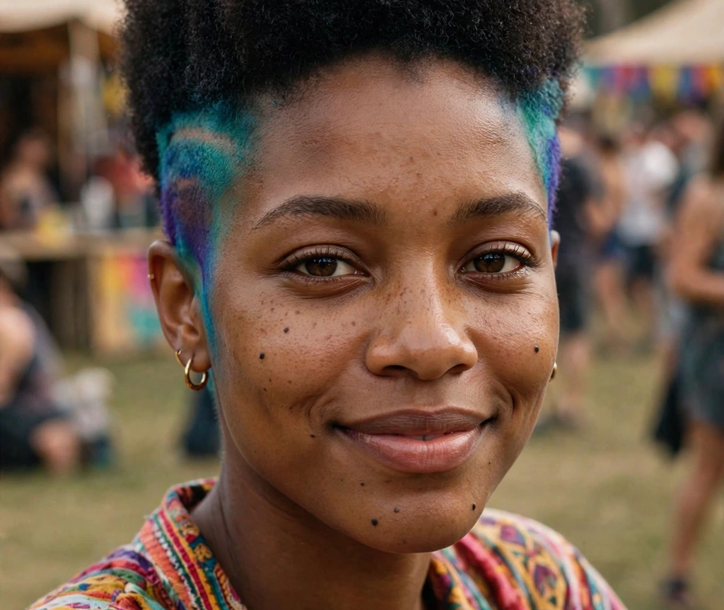 Young Black woman with a tapered afro and colorful dyed faded sides