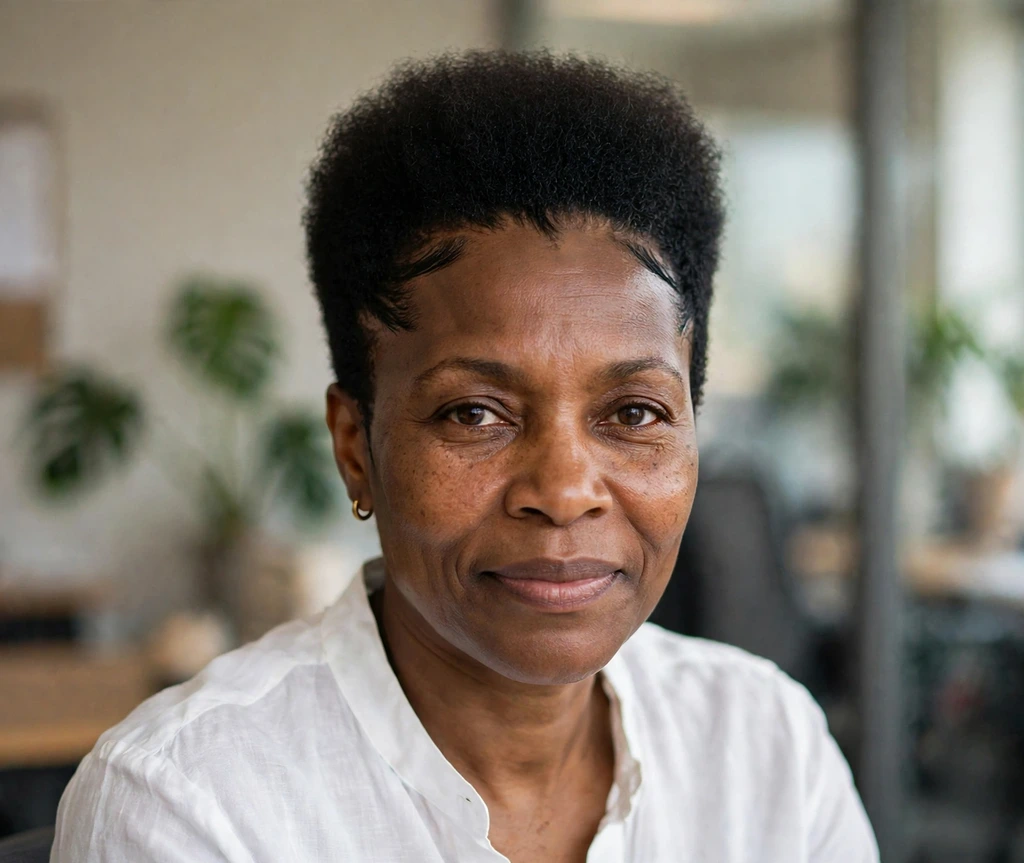 Black woman with a tapered afro and sleek defined edges along the hairline